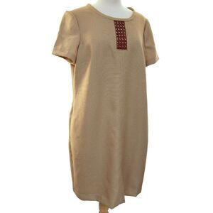 Anne Klein Textured Shift Dress Oak Tan Fully Lined Rattan Insert Modest 16 NEW